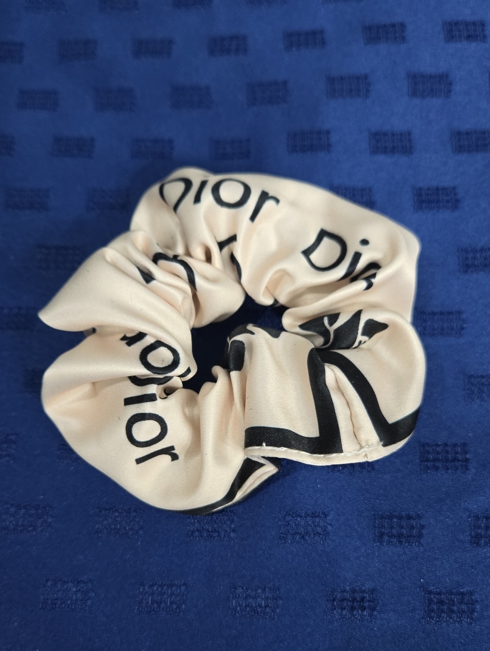 Luxury Cream Satin Hair Scrunchie with Black Logo Print